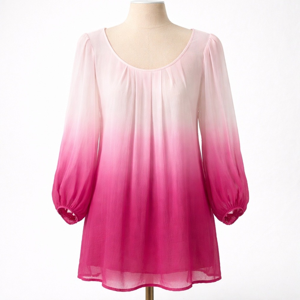 Ombre 100% Silk Sheer Long Sleeve Top Size M‎ Pink Fairy Coquette Ethereal